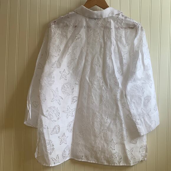 Alfred Dunner Sea Shell Beachy Print White Poplin Button Down Shirt Medium - Picture 5 of 7